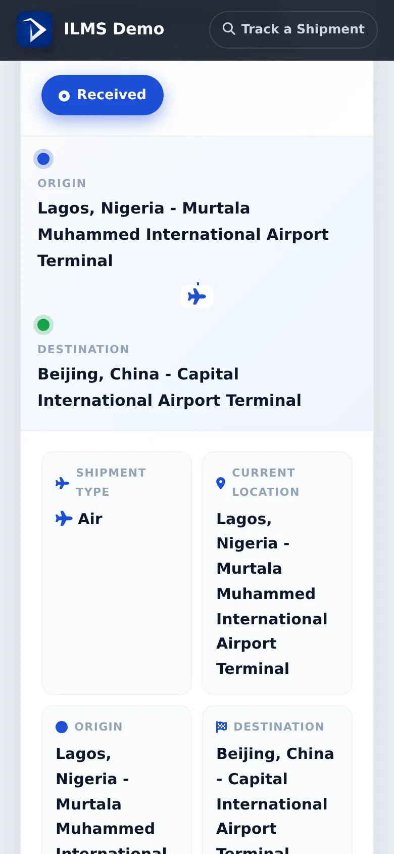 Actual ILMS mobile shipment tracking interface from the ILMS User Manual